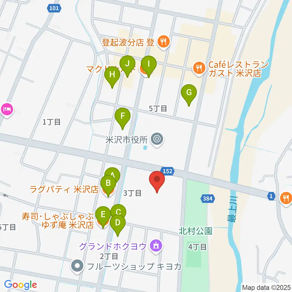 米沢市営体育館周辺のファミレス・ファーストフード一覧地図