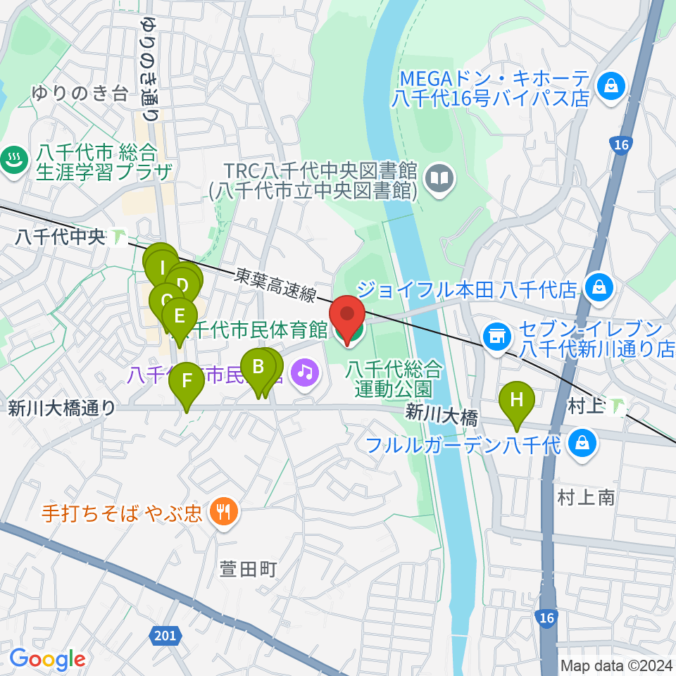 八千代市市民体育館周辺のファミレス・ファーストフード一覧地図