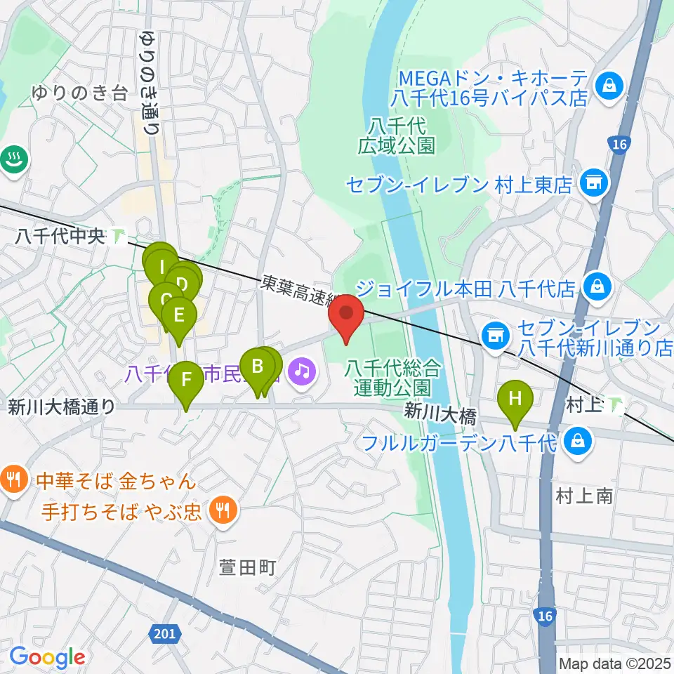 八千代市市民体育館周辺のファミレス・ファーストフード一覧地図