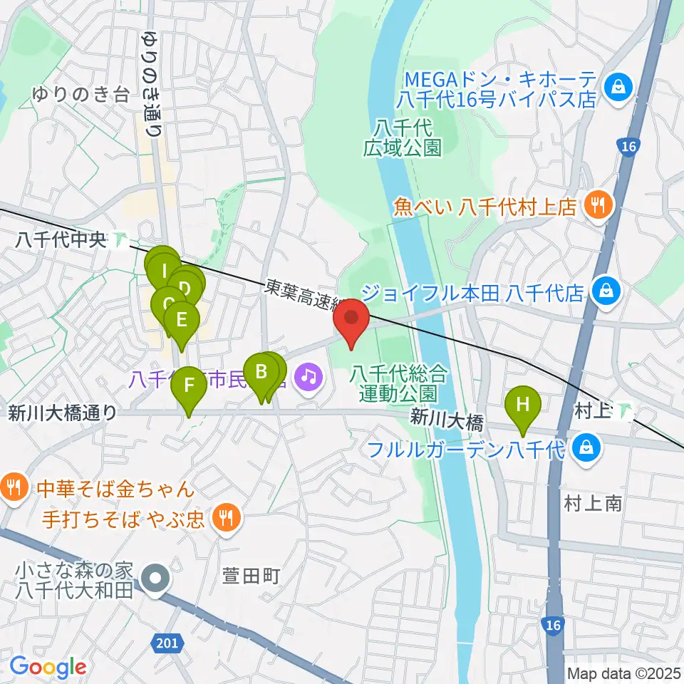 八千代市市民体育館周辺のファミレス・ファーストフード一覧地図