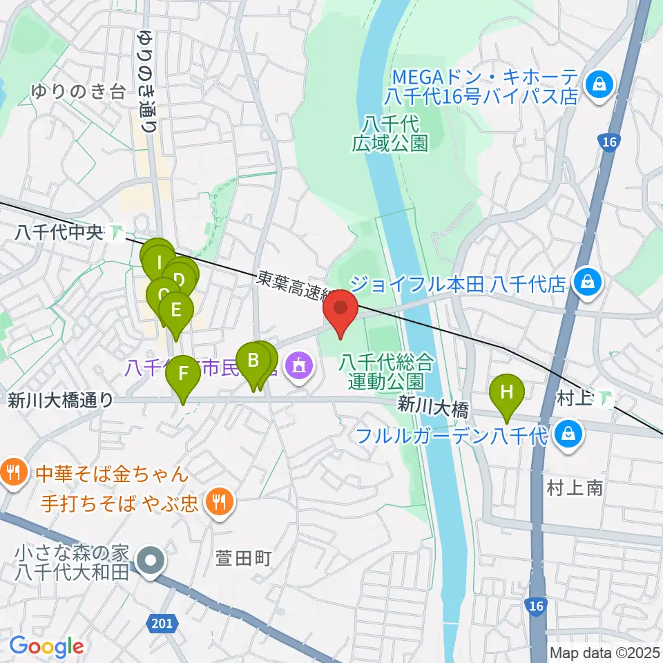 八千代市市民体育館周辺のファミレス・ファーストフード一覧地図