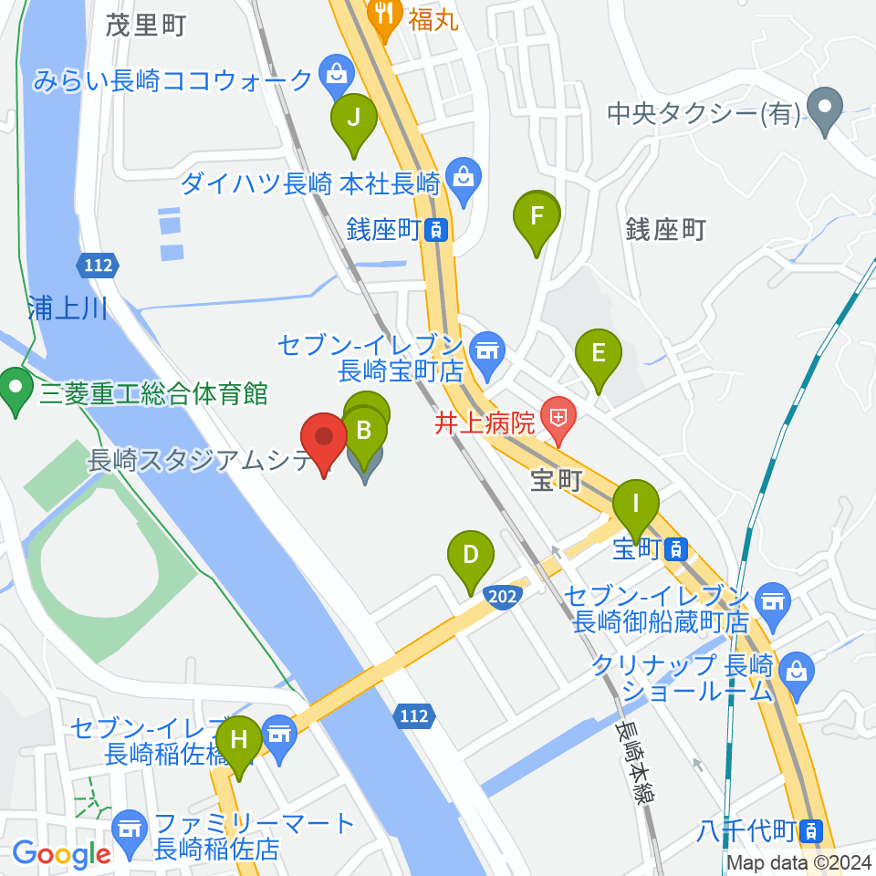 長崎ピーススタジアム周辺のファミレス・ファーストフード一覧地図