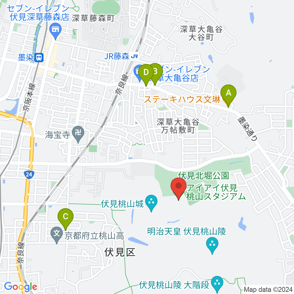 アイアイ伏見桃山スタジアム周辺のファミレス・ファーストフード一覧地図