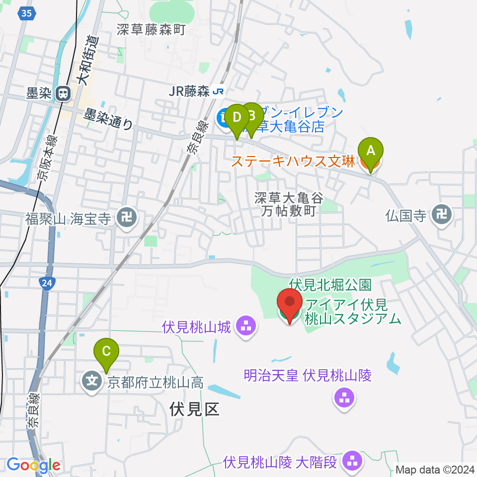 アイアイ伏見桃山スタジアム周辺のファミレス・ファーストフード一覧地図