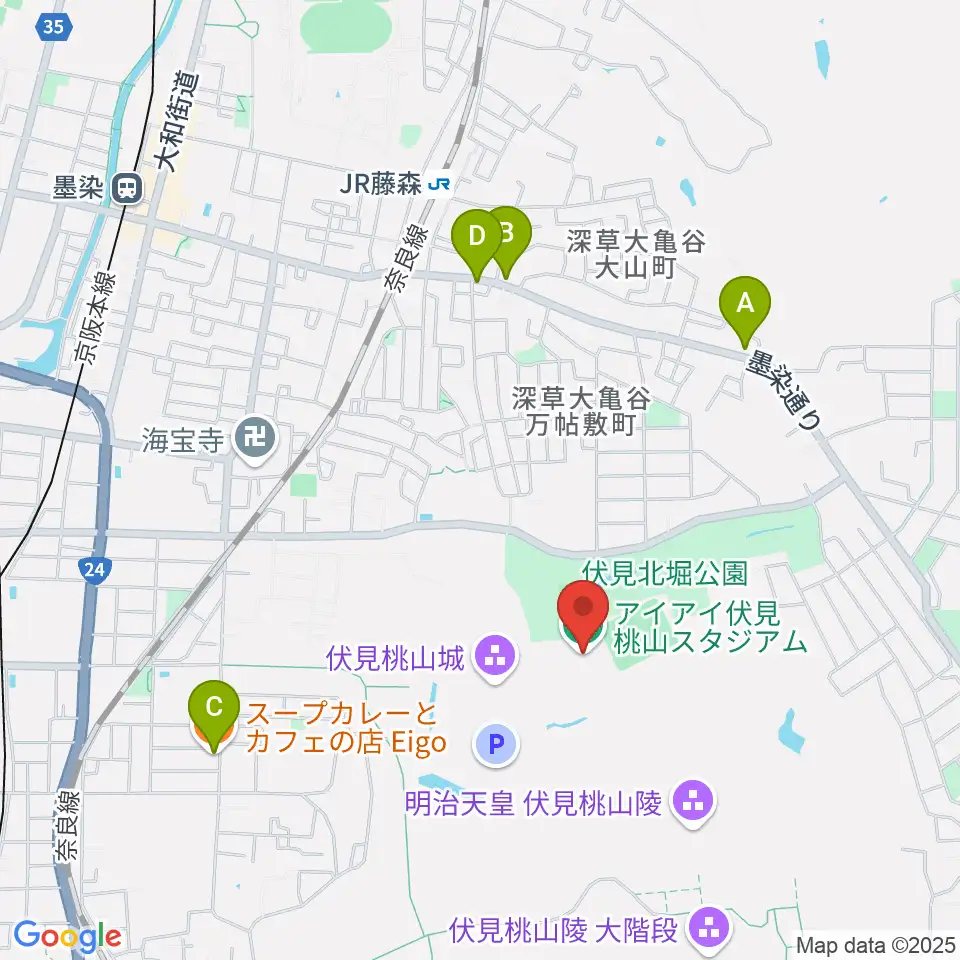 アイアイ伏見桃山スタジアム周辺のファミレス・ファーストフード一覧地図