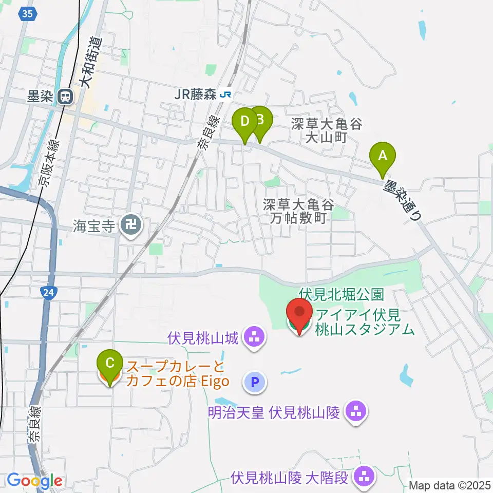 アイアイ伏見桃山スタジアム周辺のファミレス・ファーストフード一覧地図
