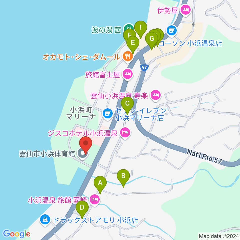 雲仙市小浜体育館周辺のファミレス・ファーストフード一覧地図