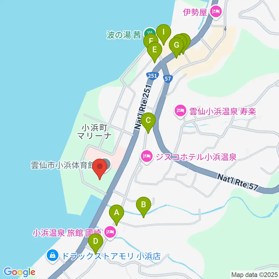 雲仙市小浜体育館周辺のファミレス・ファーストフード一覧地図