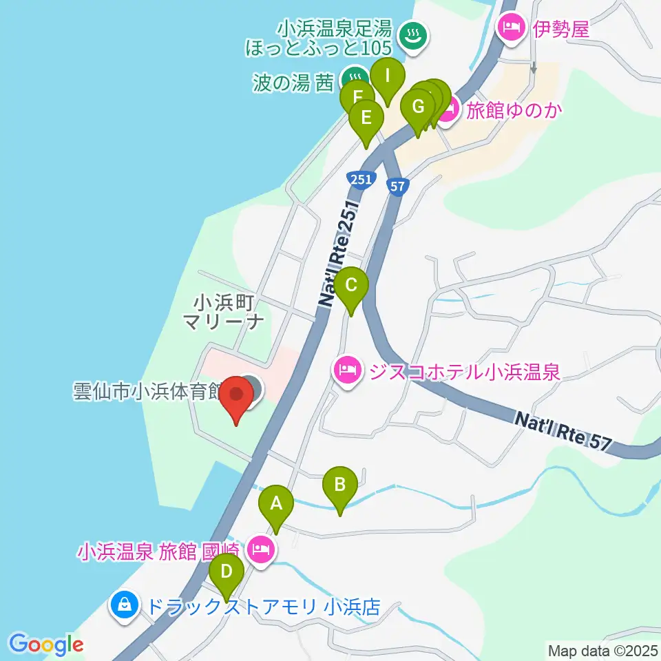 雲仙市小浜体育館周辺のファミレス・ファーストフード一覧地図