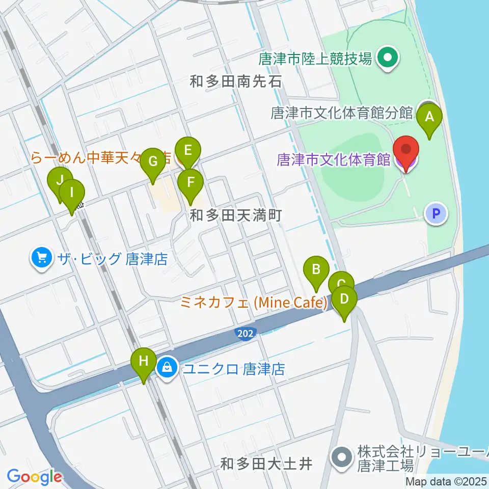 唐津市文化体育館周辺のファミレス・ファーストフード一覧地図