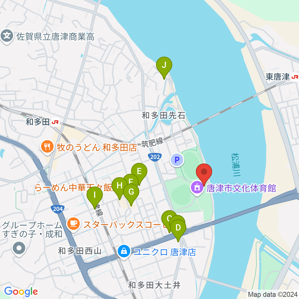 唐津市陸上競技場周辺のファミレス・ファーストフード一覧地図