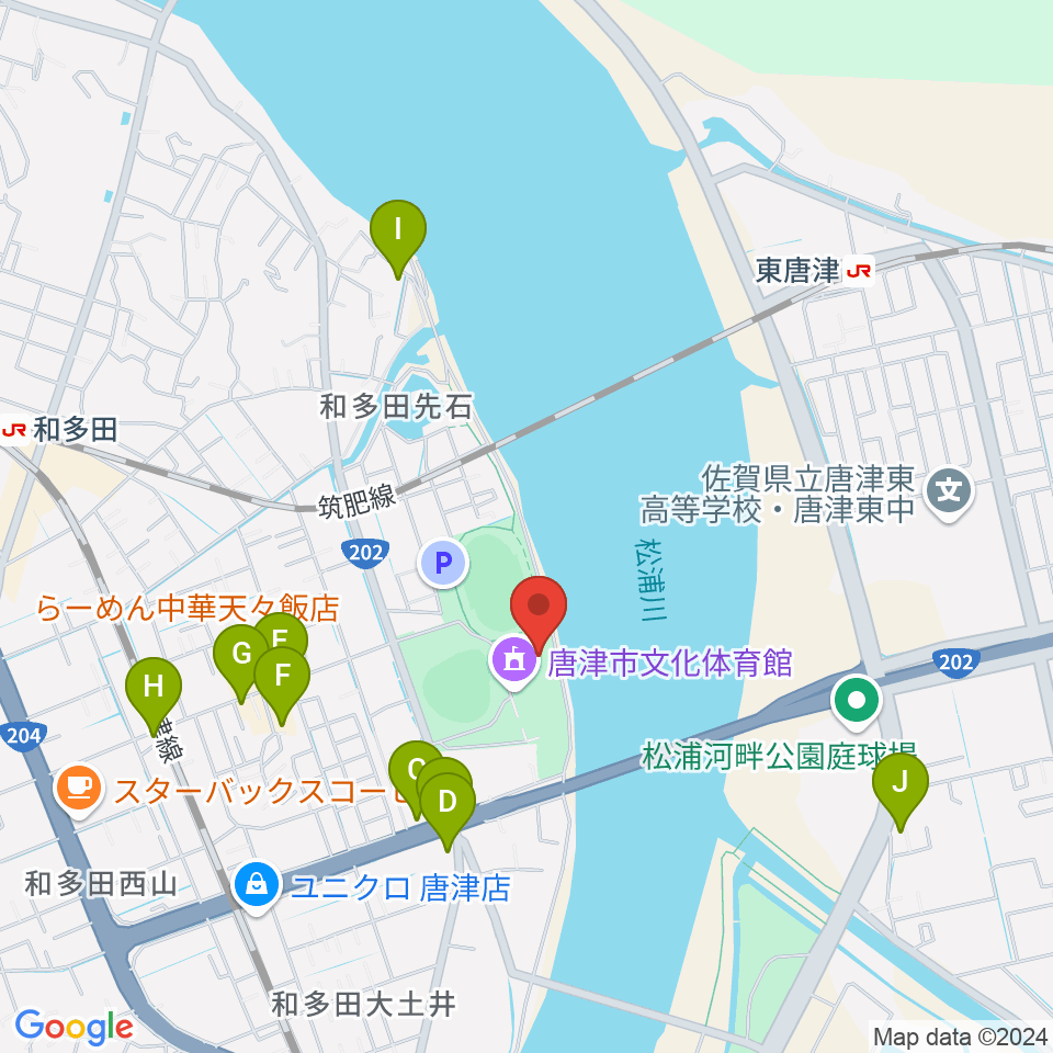 唐津市陸上競技場周辺のファミレス・ファーストフード一覧地図