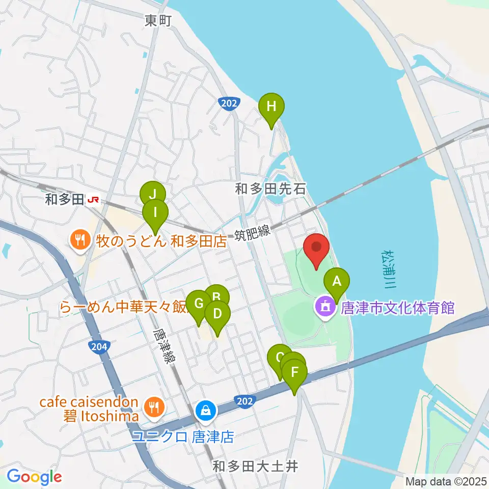 唐津市陸上競技場周辺のファミレス・ファーストフード一覧地図