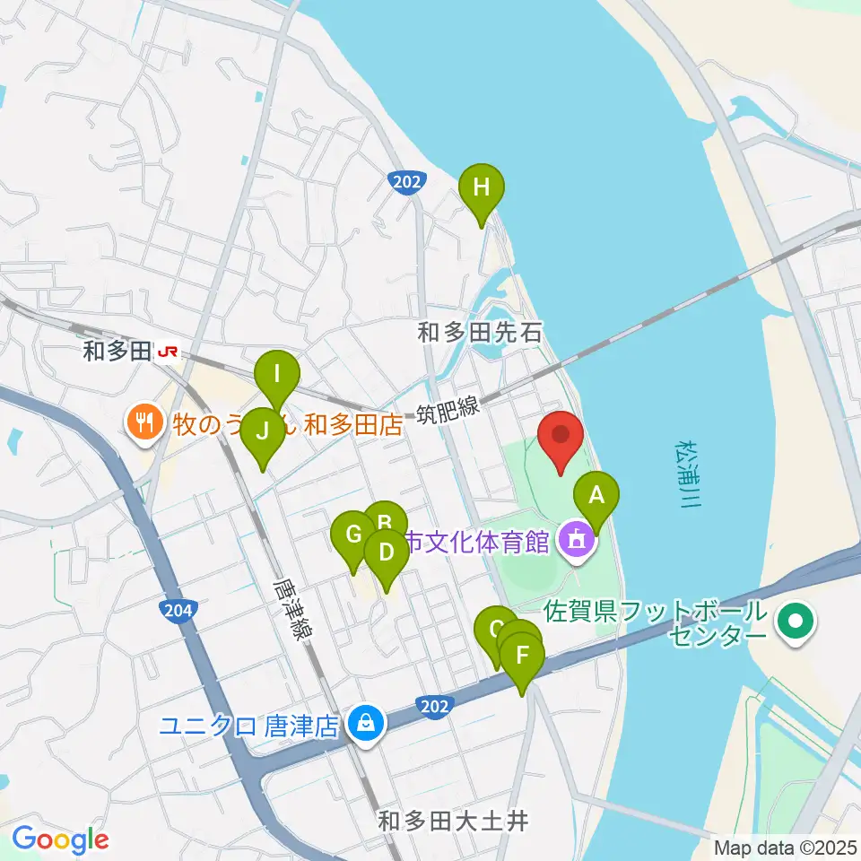 唐津市陸上競技場周辺のファミレス・ファーストフード一覧地図