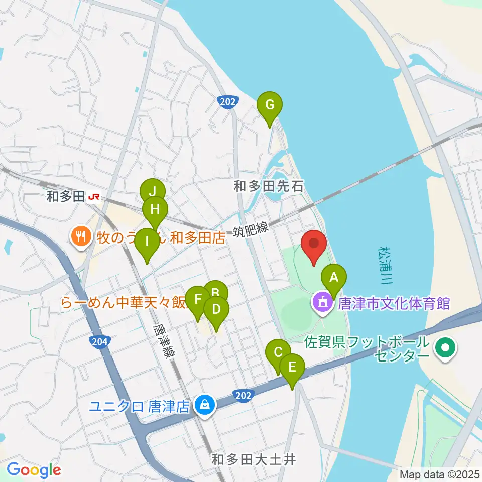 唐津市陸上競技場周辺のファミレス・ファーストフード一覧地図