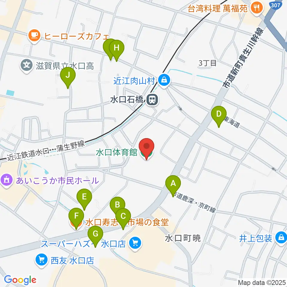 甲賀市水口体育館周辺のファミレス・ファーストフード一覧地図