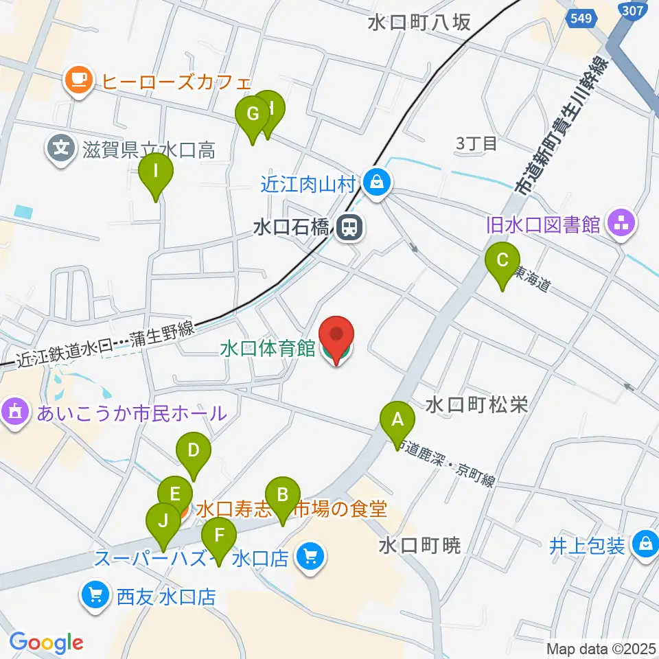 甲賀市水口体育館周辺のファミレス・ファーストフード一覧地図