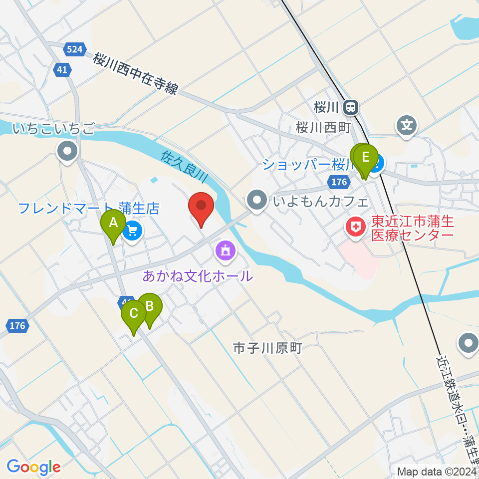 東近江市蒲生体育館周辺のファミレス・ファーストフード一覧地図