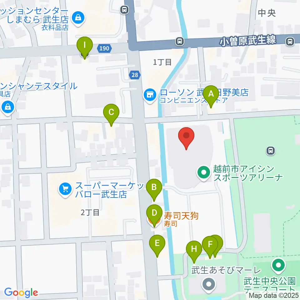 越前市アイシンスポーツアリーナ周辺のファミレス・ファーストフード一覧地図