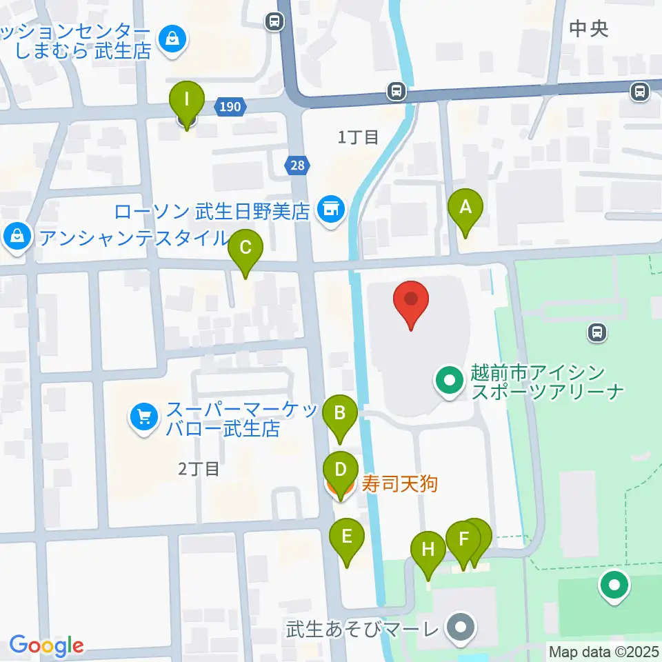 越前市アイシンスポーツアリーナ周辺のファミレス・ファーストフード一覧地図
