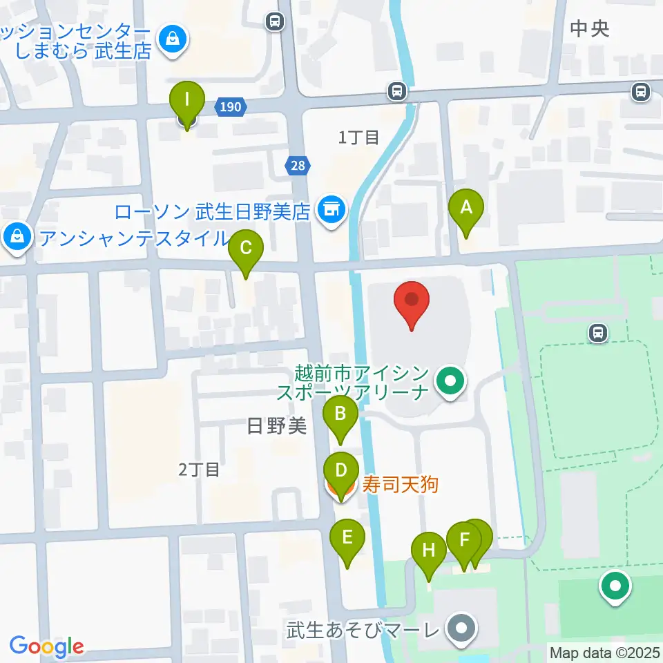 越前市アイシンスポーツアリーナ周辺のファミレス・ファーストフード一覧地図