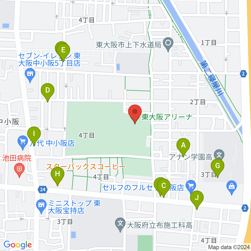 東大阪アリーナ周辺のファミレス・ファーストフード一覧地図