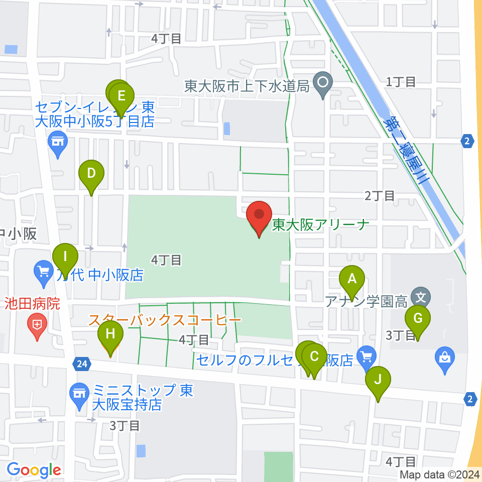 東大阪アリーナ周辺のファミレス・ファーストフード一覧地図