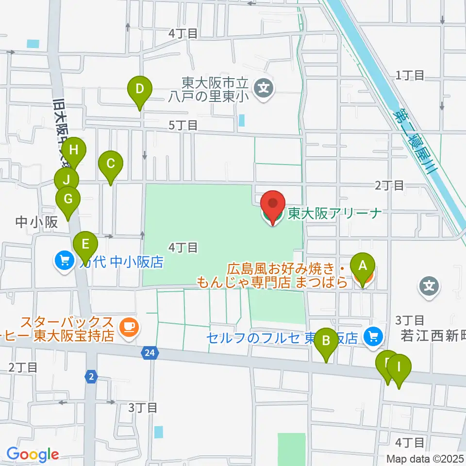 東大阪アリーナ周辺のファミレス・ファーストフード一覧地図