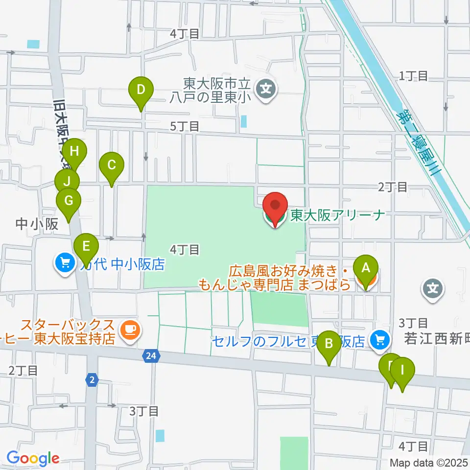 東大阪アリーナ周辺のファミレス・ファーストフード一覧地図