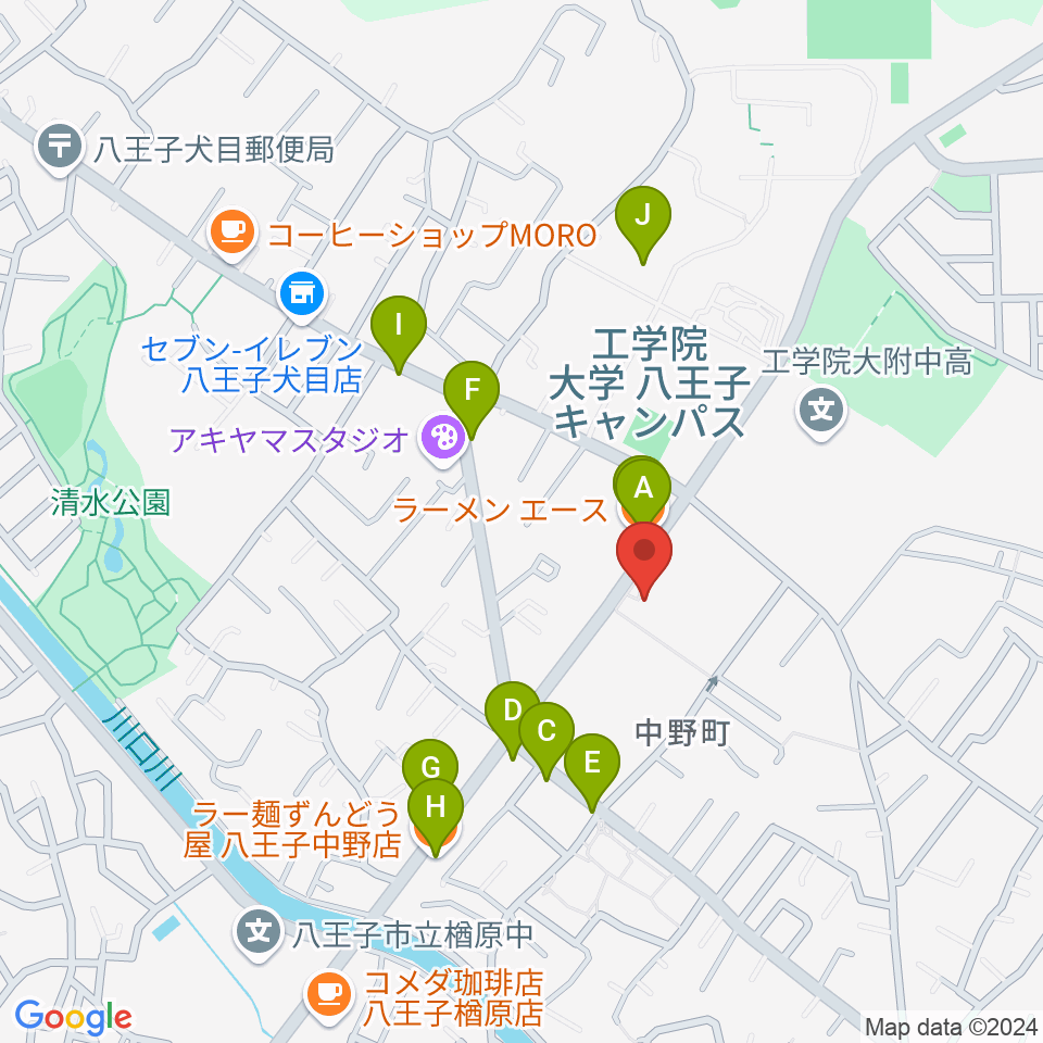 八王子市甲の原体育館周辺のファミレス・ファーストフード一覧地図