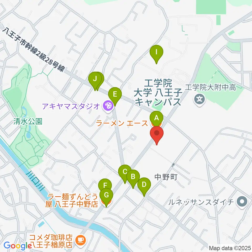 八王子市甲の原体育館周辺のファミレス・ファーストフード一覧地図