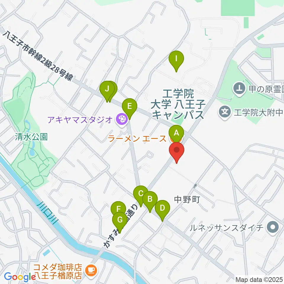 八王子市甲の原体育館周辺のファミレス・ファーストフード一覧地図