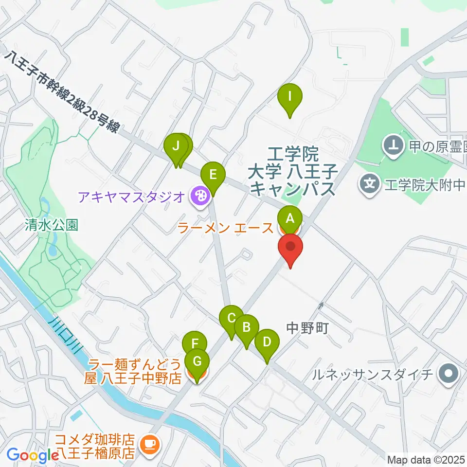 八王子市甲の原体育館周辺のファミレス・ファーストフード一覧地図