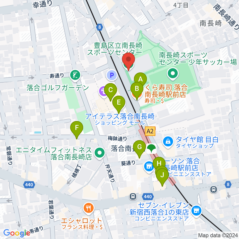 豊島区南長崎スポーツセンター周辺のファミレス・ファーストフード一覧地図