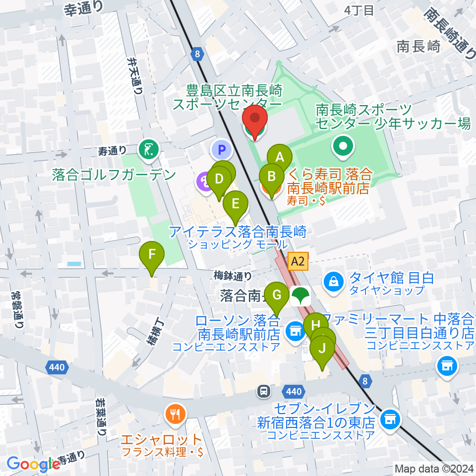 豊島区南長崎スポーツセンター周辺のファミレス・ファーストフード一覧地図