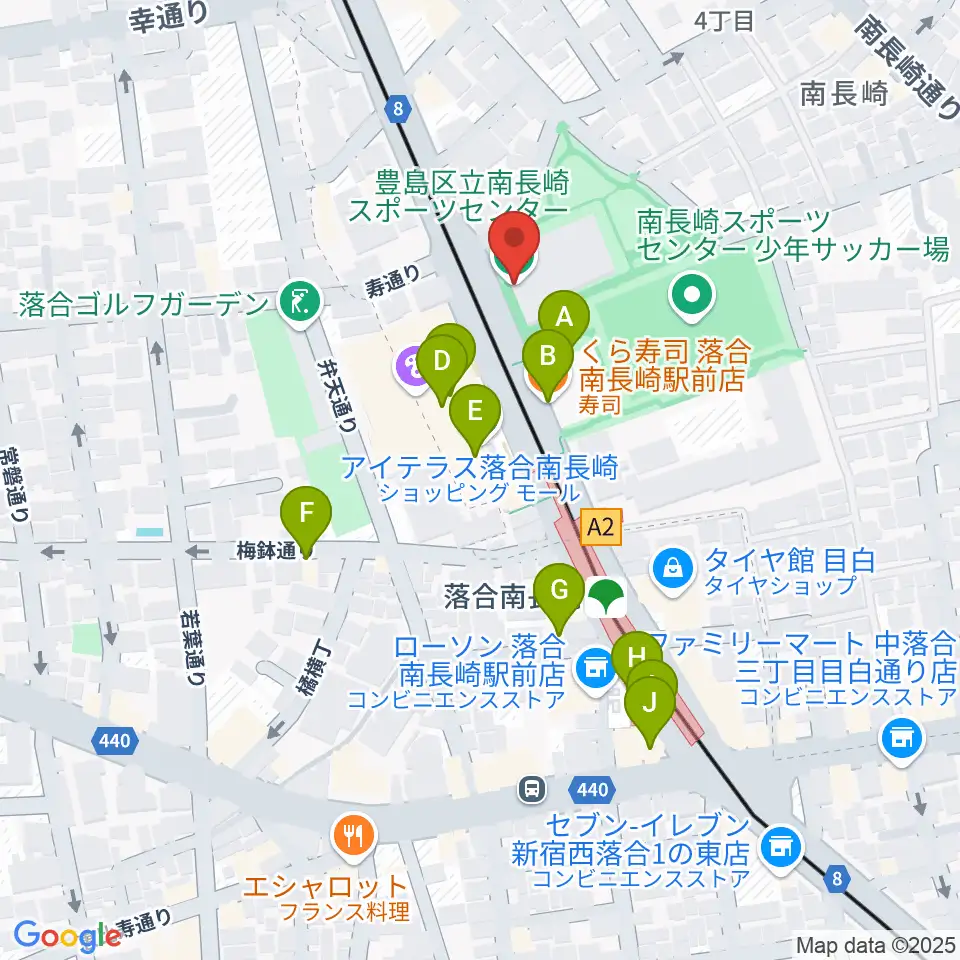 豊島区南長崎スポーツセンター周辺のファミレス・ファーストフード一覧地図