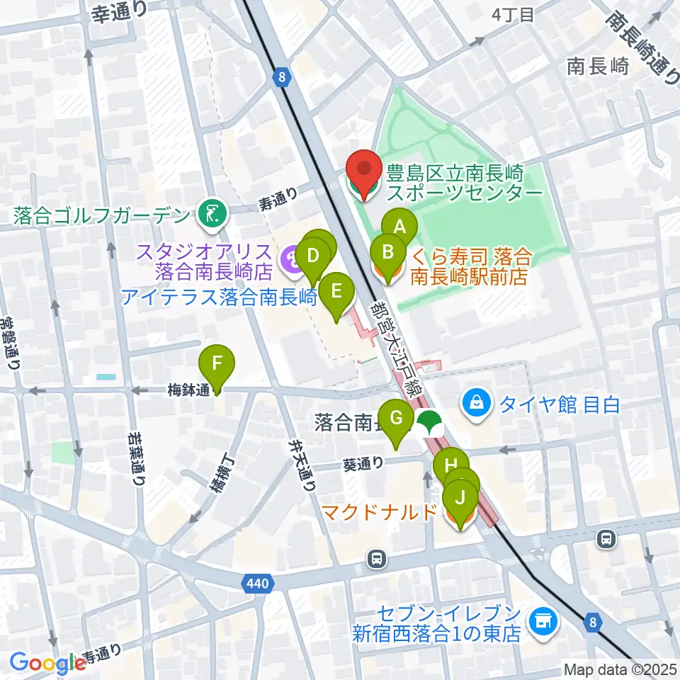 豊島区南長崎スポーツセンター周辺のファミレス・ファーストフード一覧地図