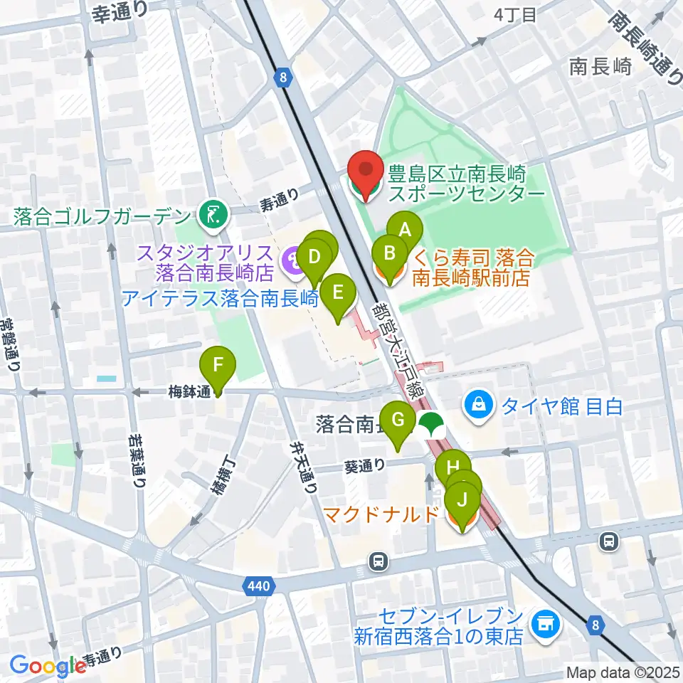 豊島区南長崎スポーツセンター周辺のファミレス・ファーストフード一覧地図