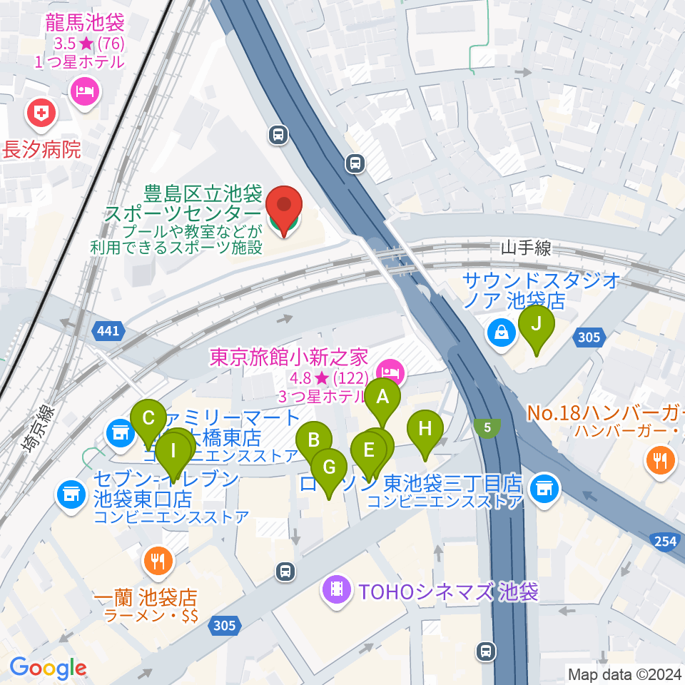 豊島区立池袋スポーツセンター周辺のファミレス・ファーストフード一覧地図