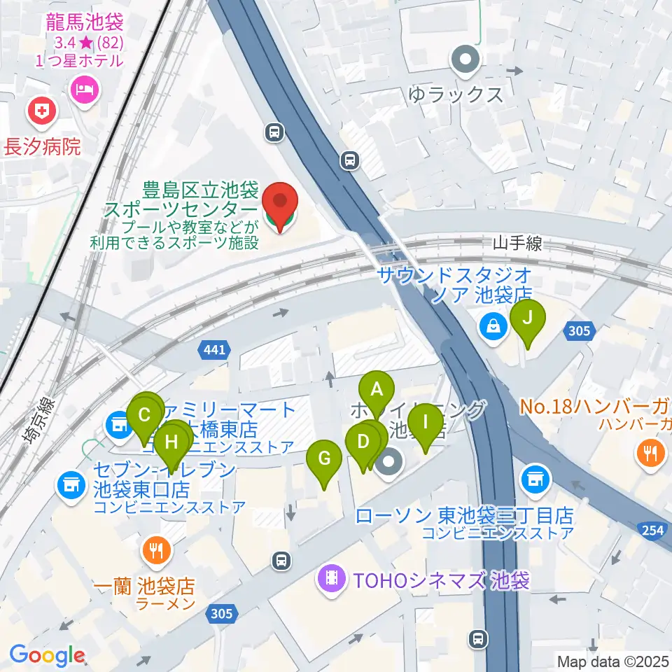 豊島区立池袋スポーツセンター周辺のファミレス・ファーストフード一覧地図