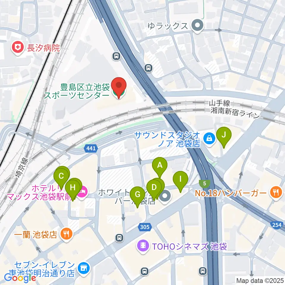豊島区立池袋スポーツセンター周辺のファミレス・ファーストフード一覧地図