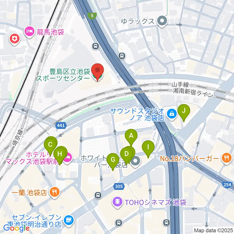豊島区立池袋スポーツセンター周辺のファミレス・ファーストフード一覧地図