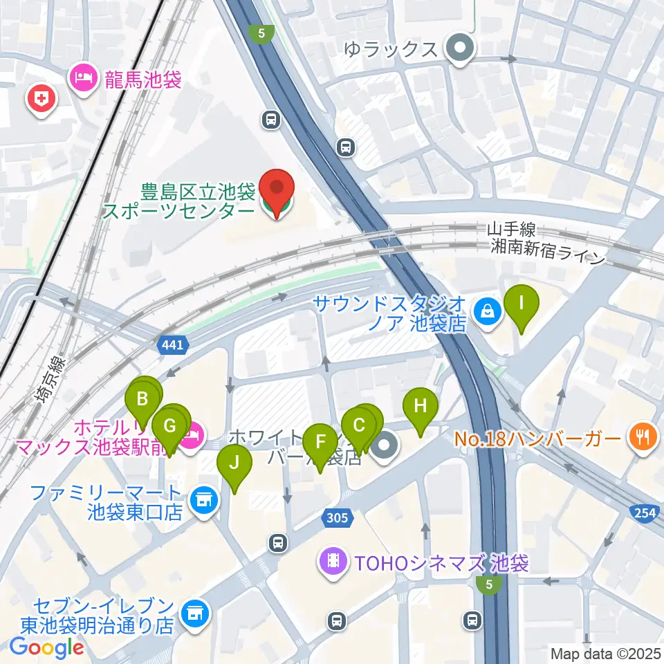 豊島区立池袋スポーツセンター周辺のファミレス・ファーストフード一覧地図