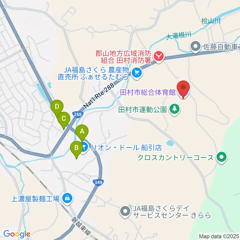 田村市総合体育館周辺のファミレス・ファーストフード一覧地図