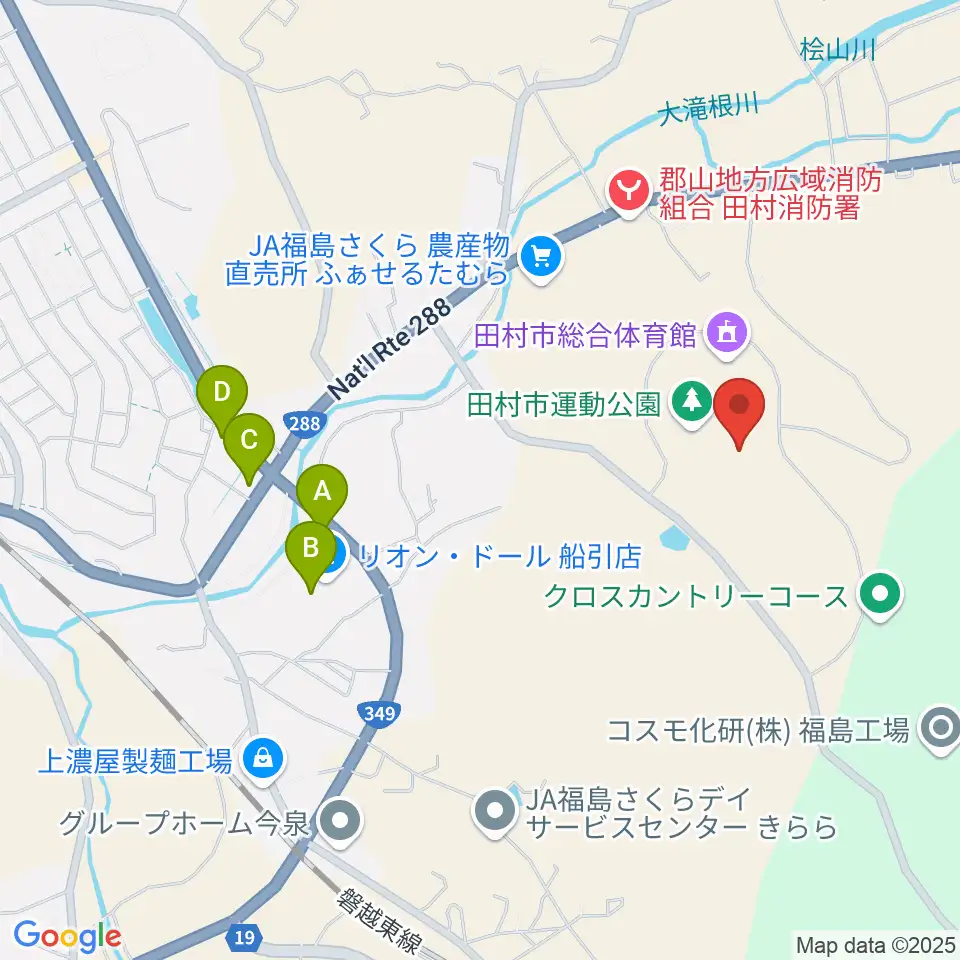 田村市陸上競技場周辺のファミレス・ファーストフード一覧地図