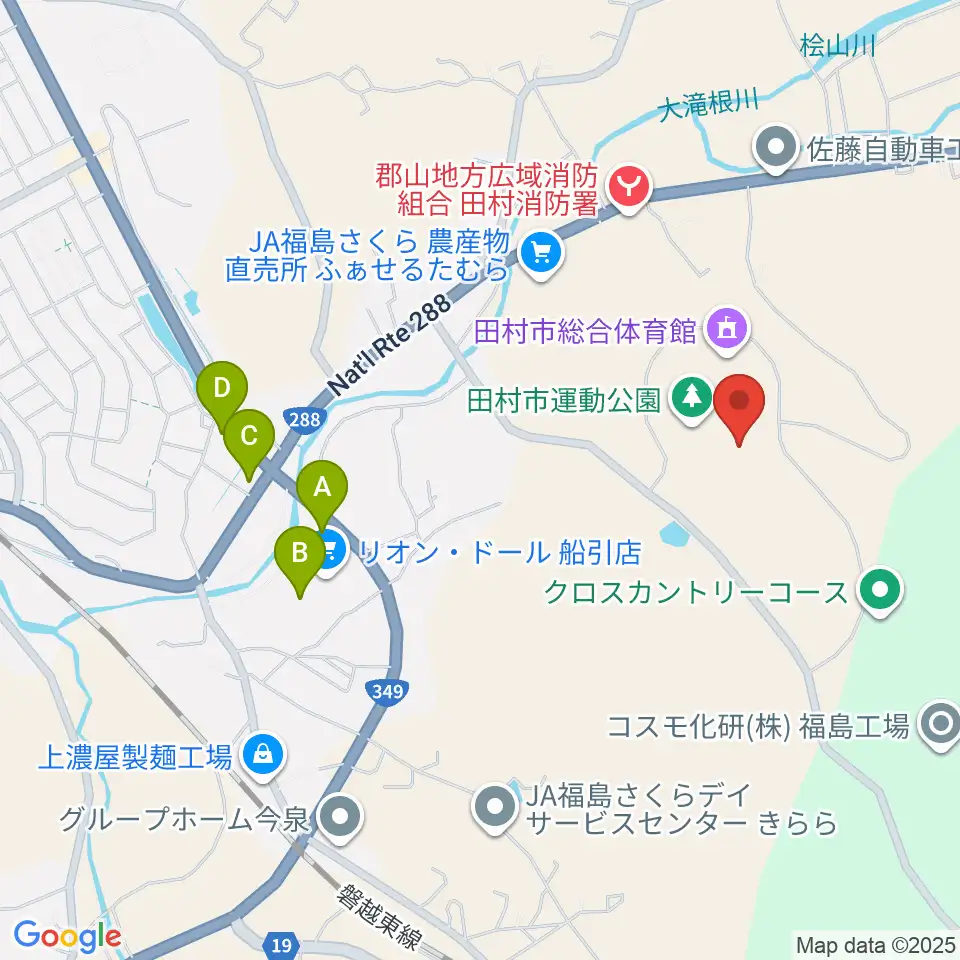 田村市陸上競技場周辺のファミレス・ファーストフード一覧地図