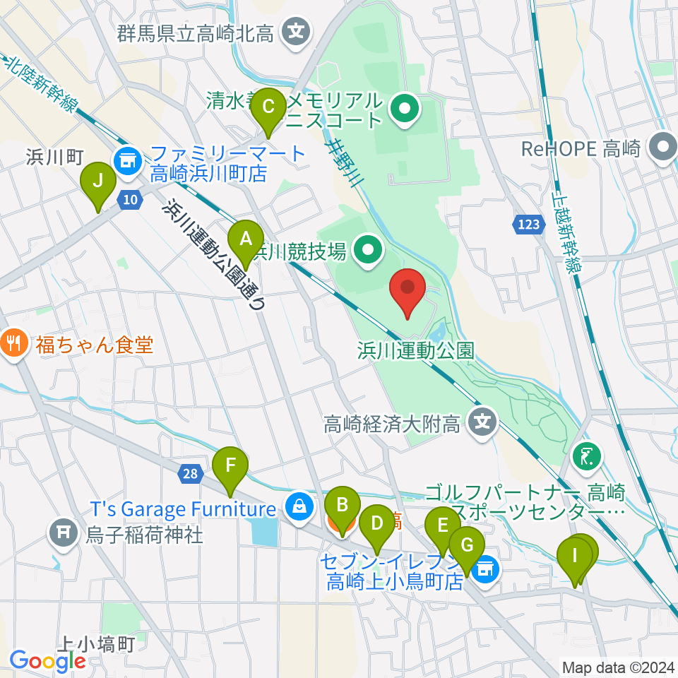 高崎市浜川体育館周辺のファミレス・ファーストフード一覧地図