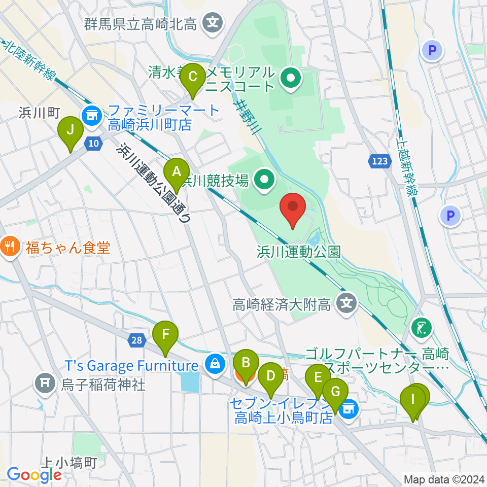 高崎市浜川体育館周辺のファミレス・ファーストフード一覧地図