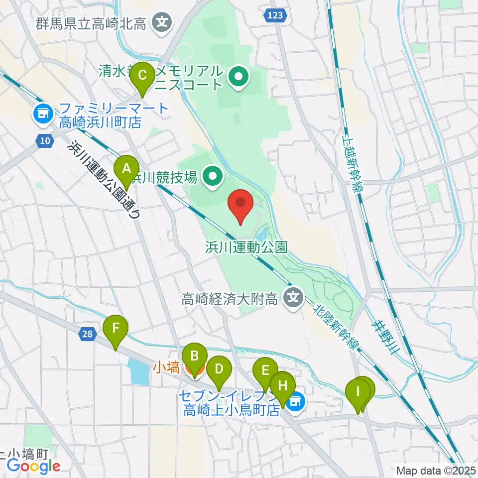 高崎市浜川体育館周辺のファミレス・ファーストフード一覧地図