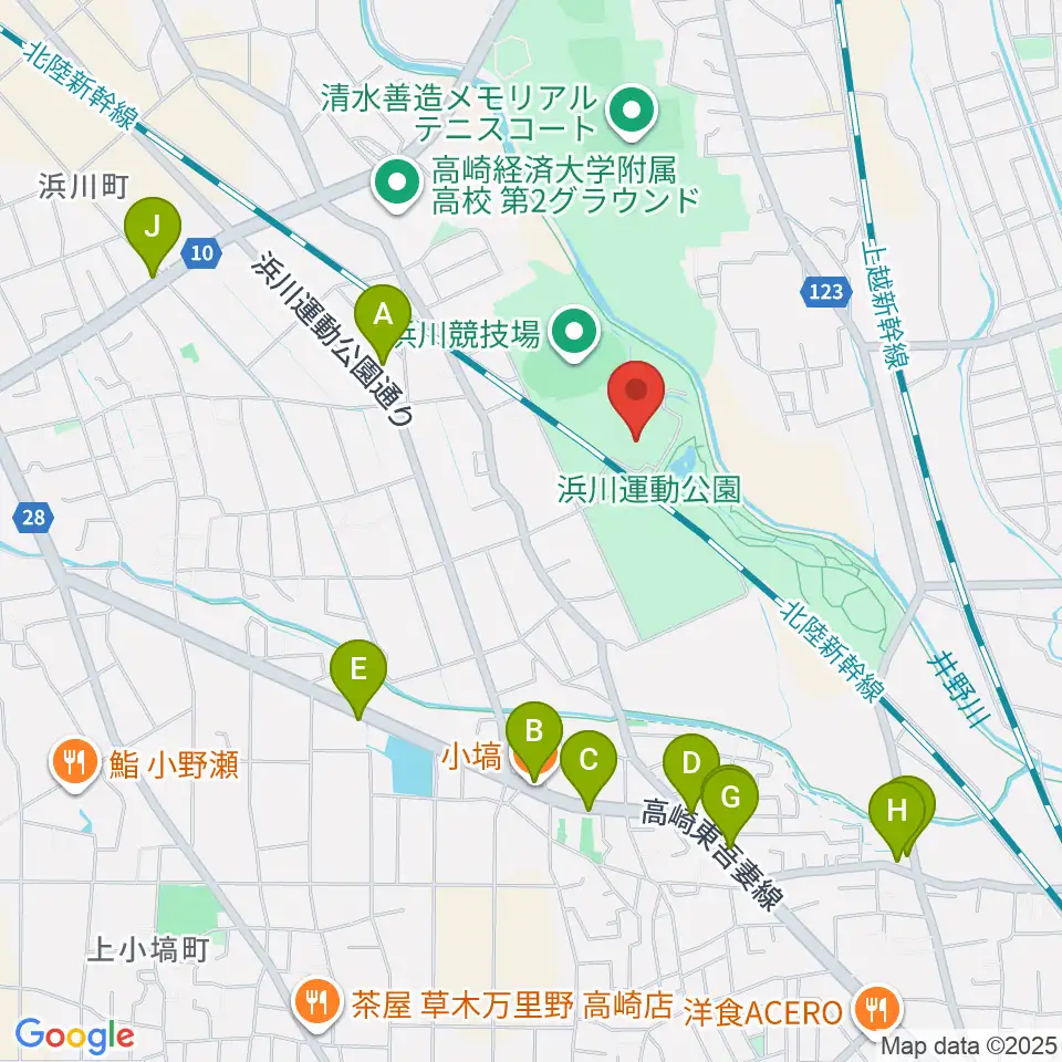 高崎市浜川体育館周辺のファミレス・ファーストフード一覧地図